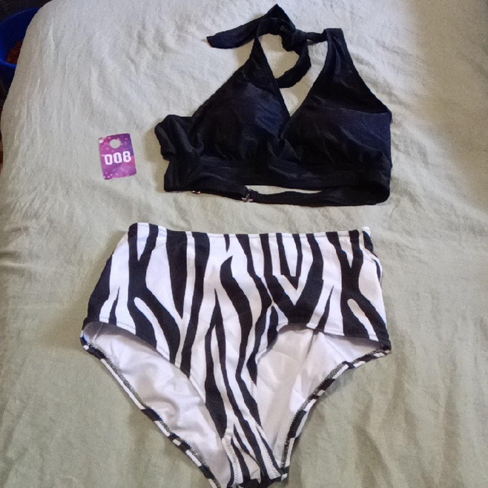 High-Waist Zebra Print Bikini Set with Black Halter Top